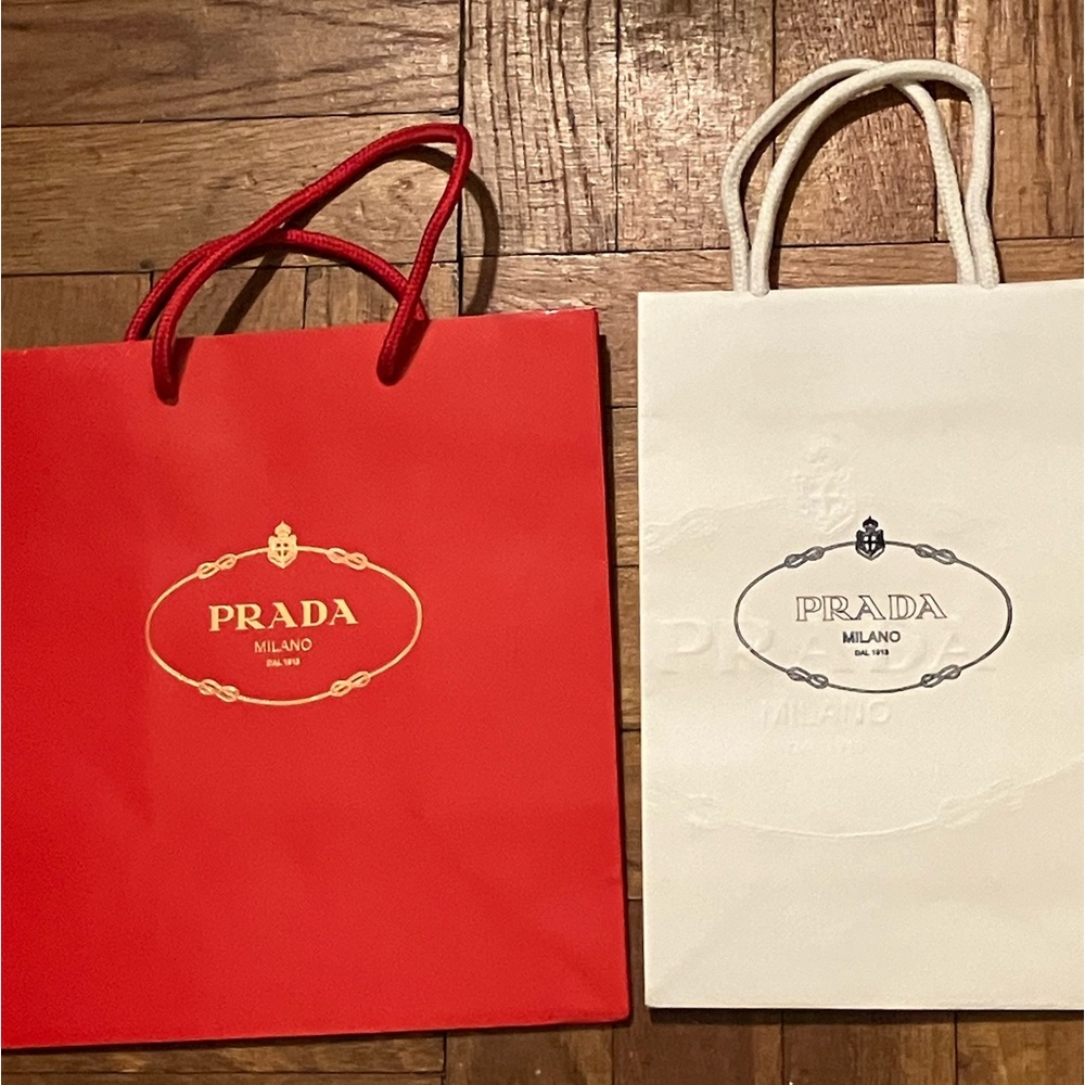 Red and white empty Prada Milano shopping bags🌺❤️